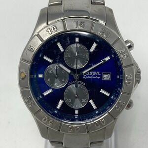 Fossil Speedway Chronograph Watch Men 40mm Blue Dial Date 100M New Battery 7.5"
